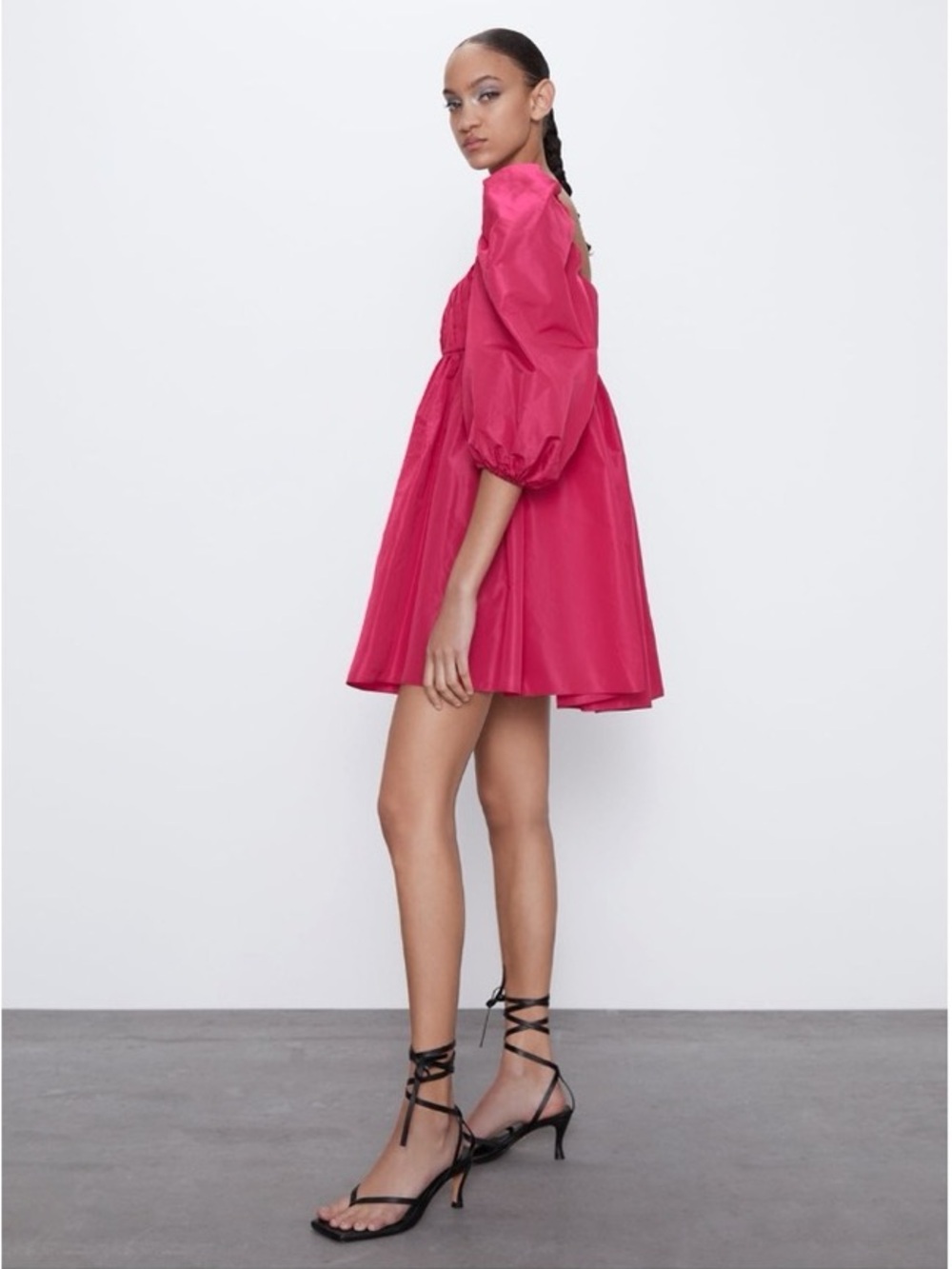 Zara Bubble Sleeve Babydoll Hot Pink Mini Dress Size M